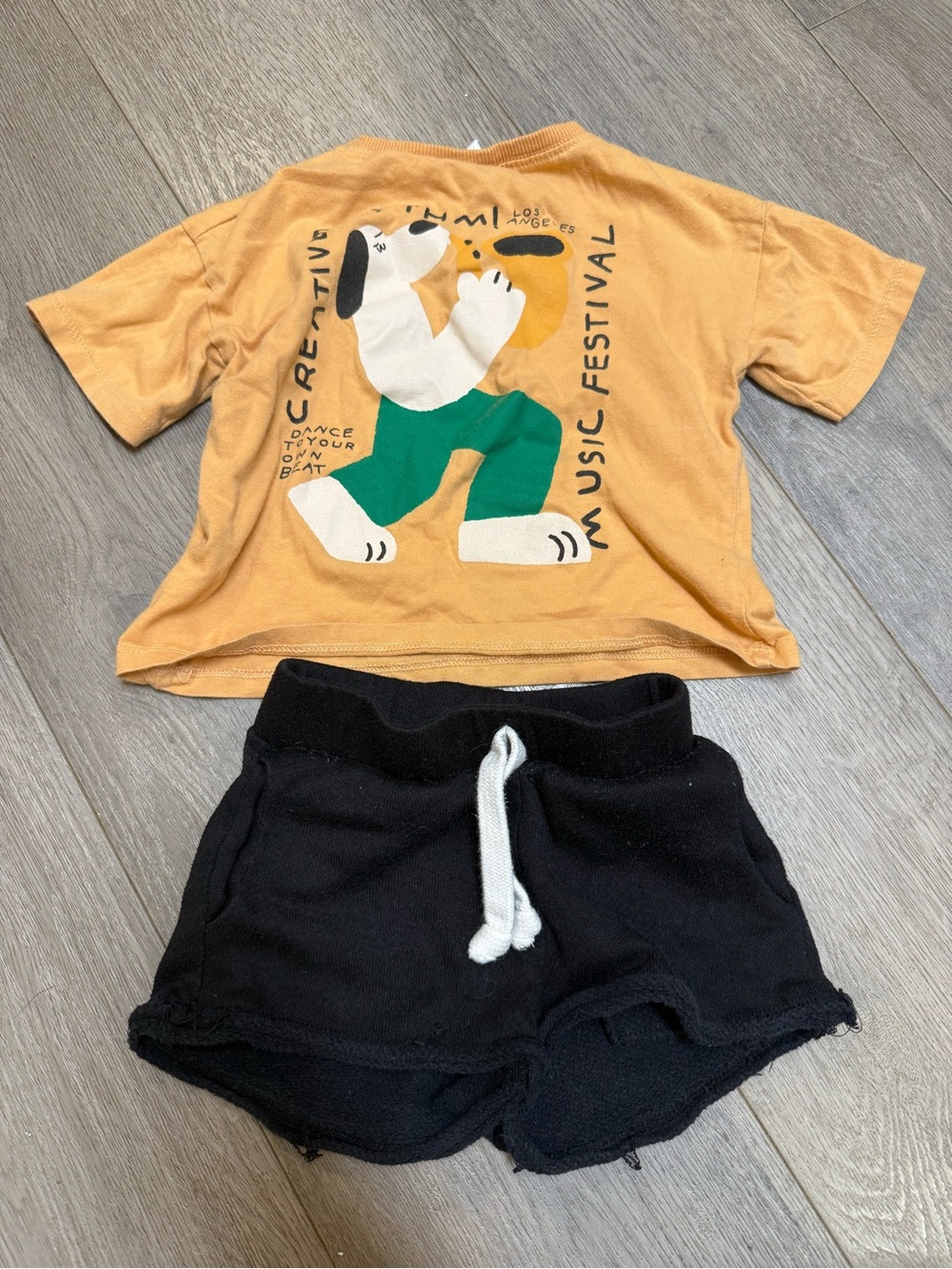 Zara Mustard Graphic Tee and Black Drawstring Shorts Set